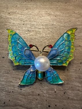 Enamel Butterfly Brooch with Pearl Accent - Blue & Green